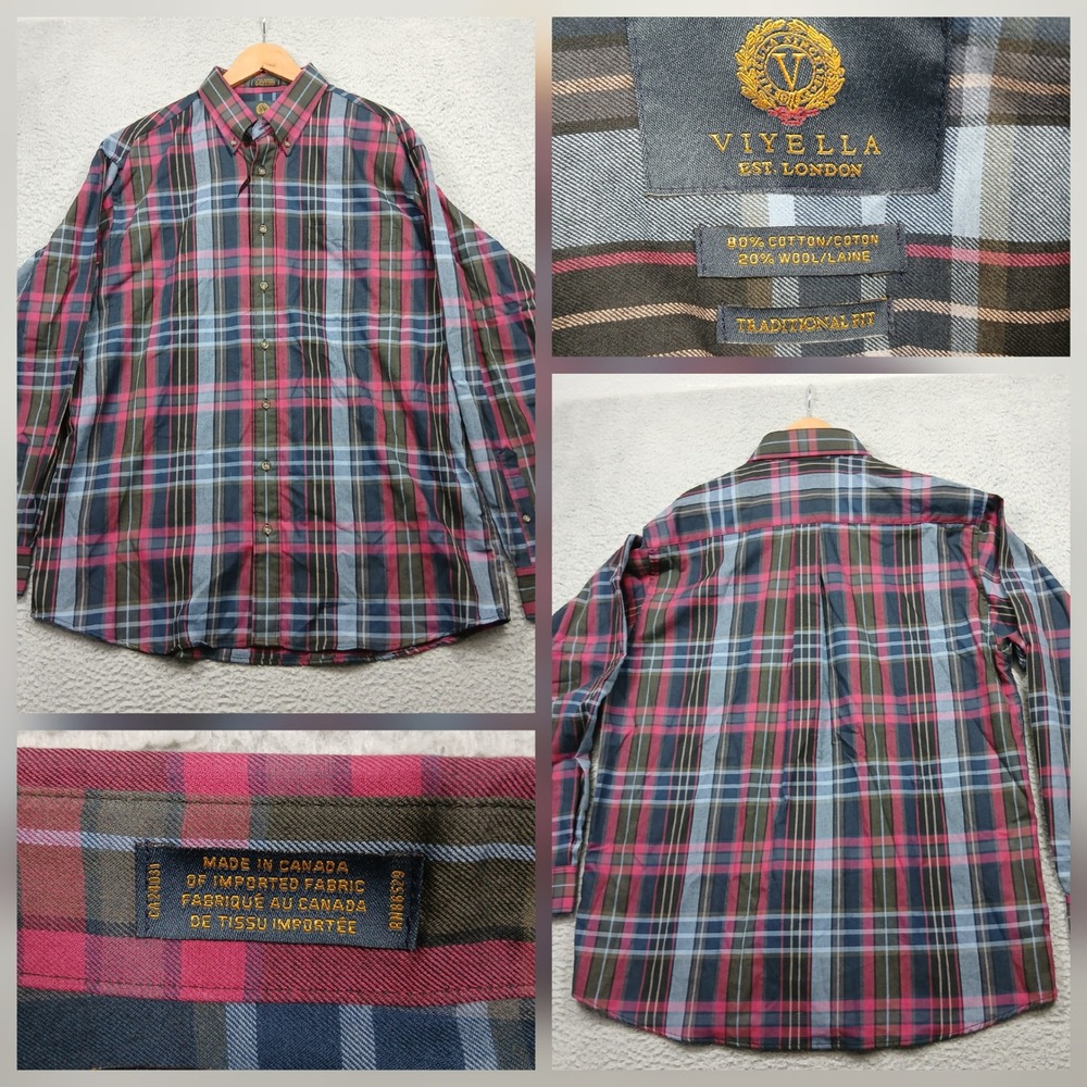 Viyella London‎ Plaid Shirt Men's 25x27 Sleeve Multicolor Cotton Wool Blend